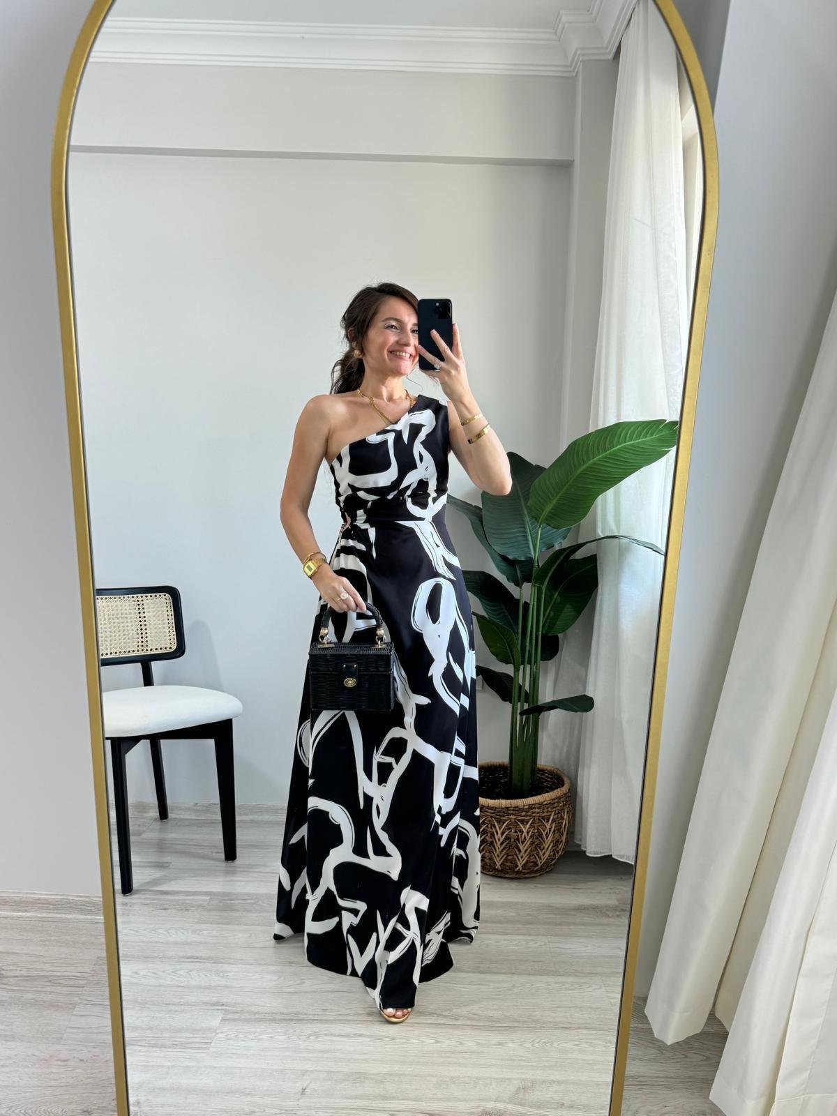 Siyah Desenli Bel Dekolteli Tek Omuz Elbise 5956