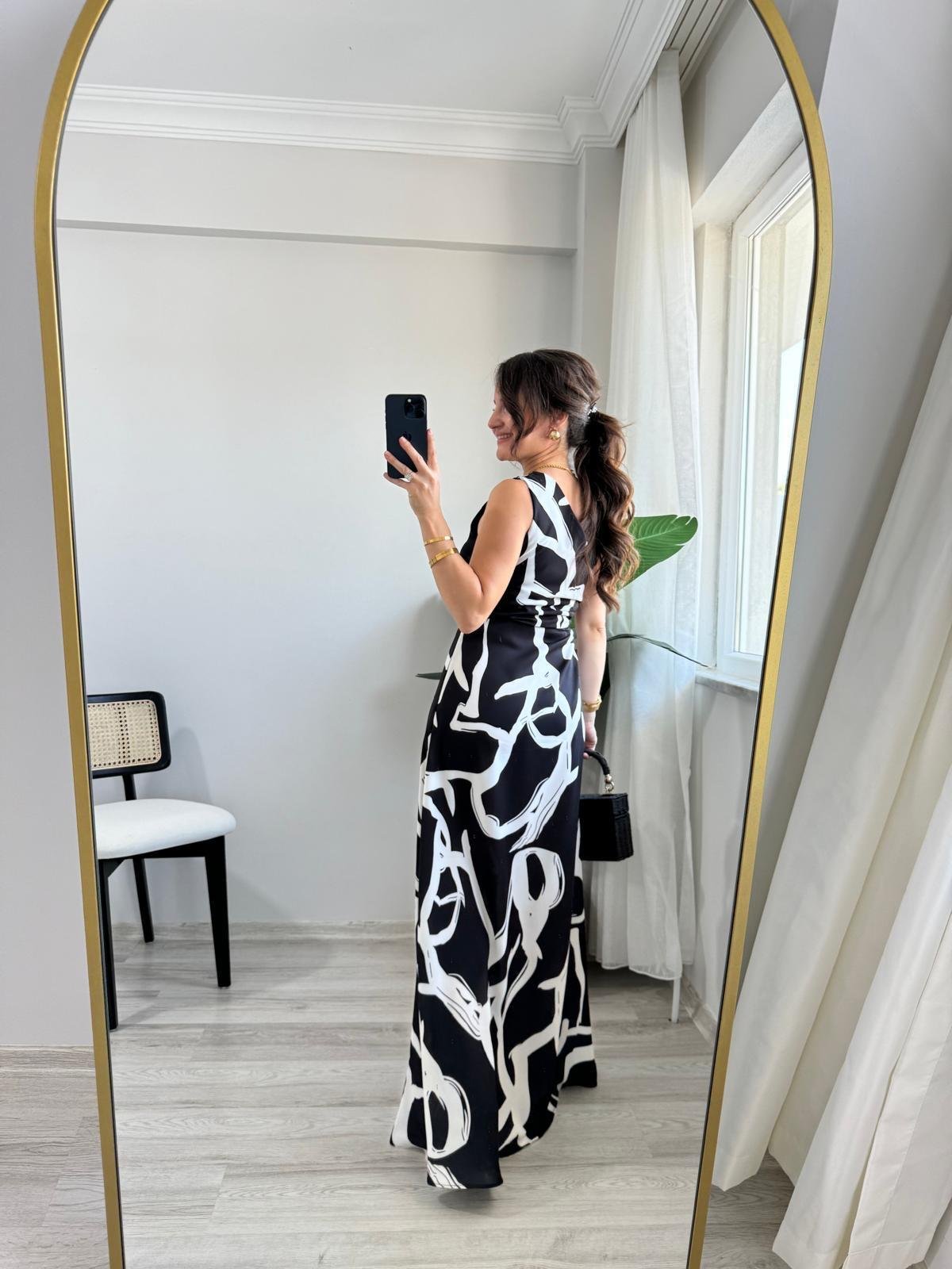 Siyah Desenli Bel Dekolteli Tek Omuz Elbise 5956