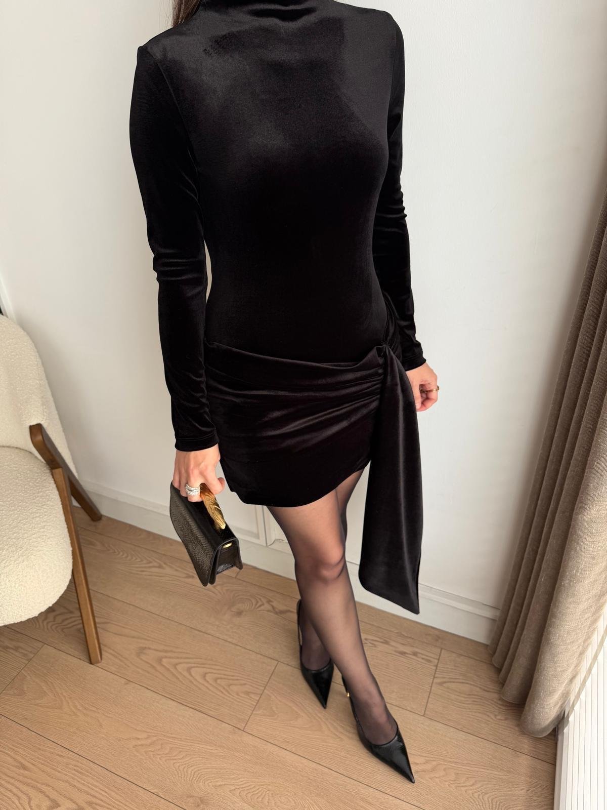 Siyah Dik Yaka Drapeli Mini Boy Elbise 5239