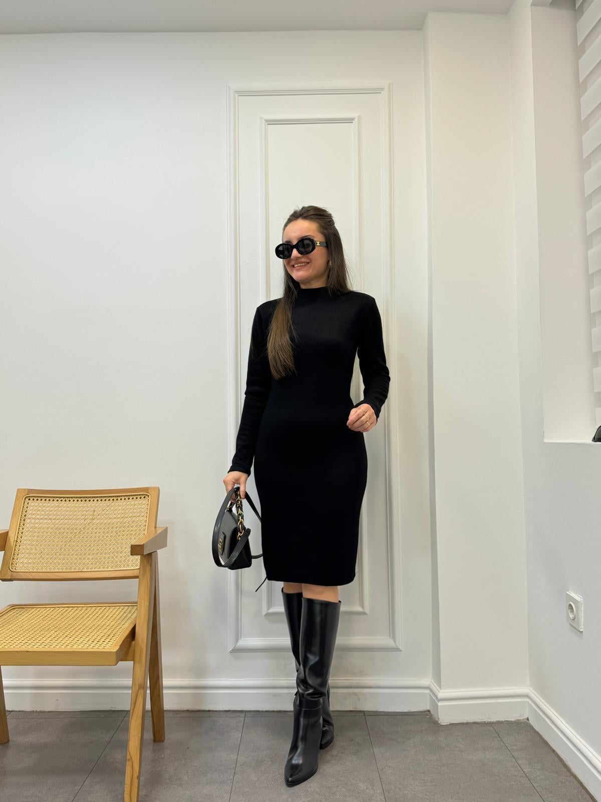 Siyah Dik Yaka Uzun Kol Triko Elbise 29339