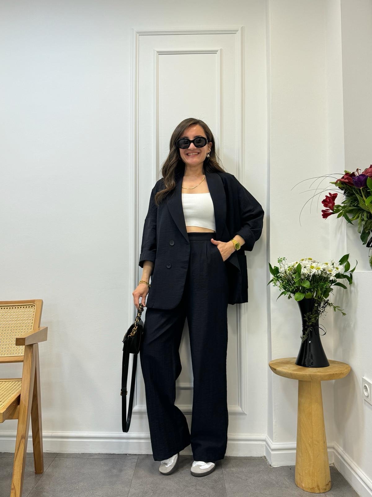 Siyah Dört Düğmeli Blazer Pantolon Keten Takım 9006