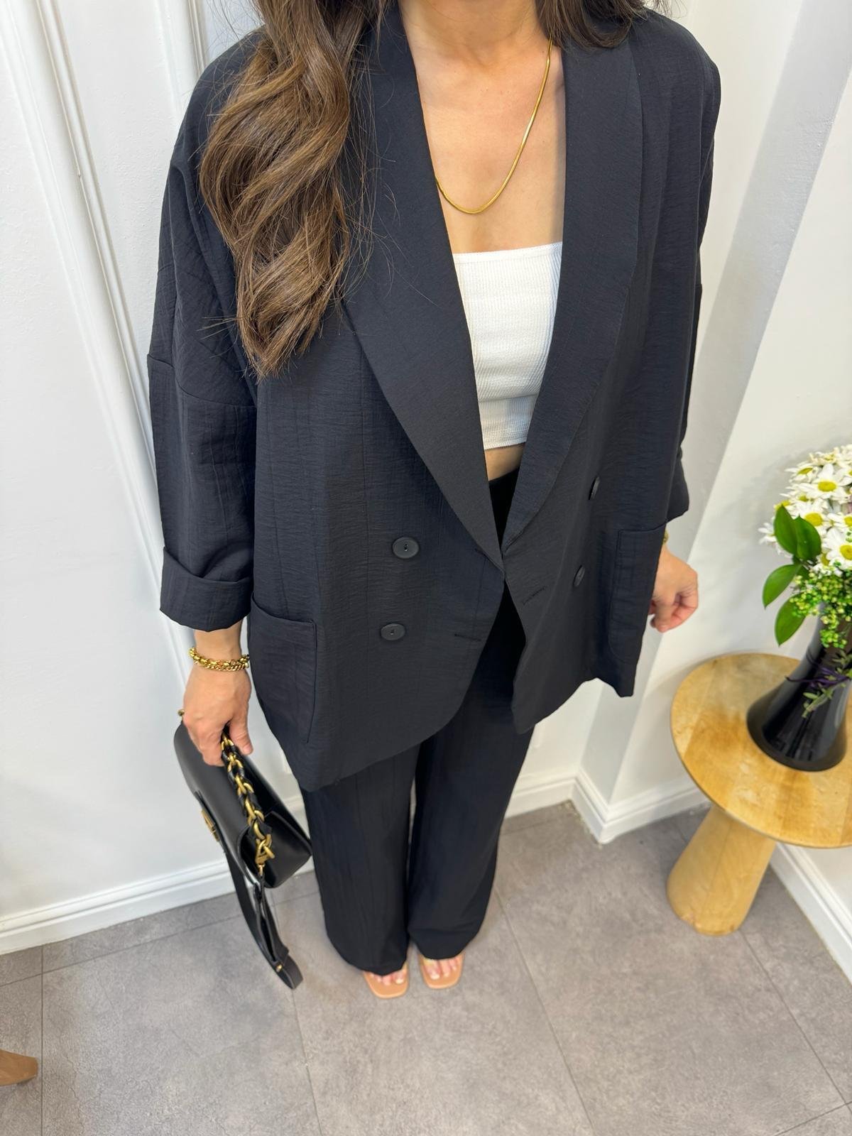 Siyah Dört Düğmeli Blazer Pantolon Keten Takım 9006