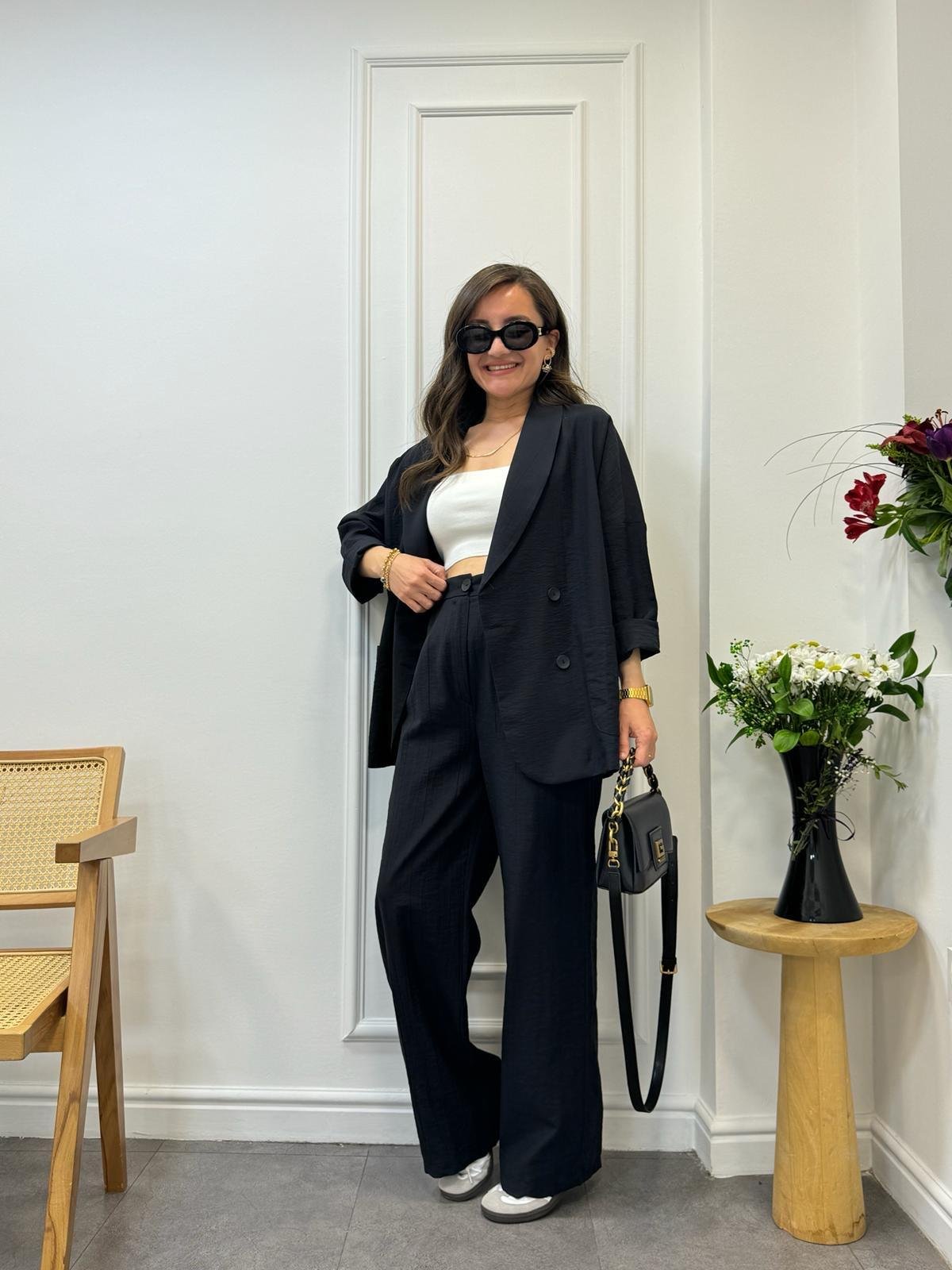 Siyah Dört Düğmeli Blazer Pantolon Keten Takım 9006