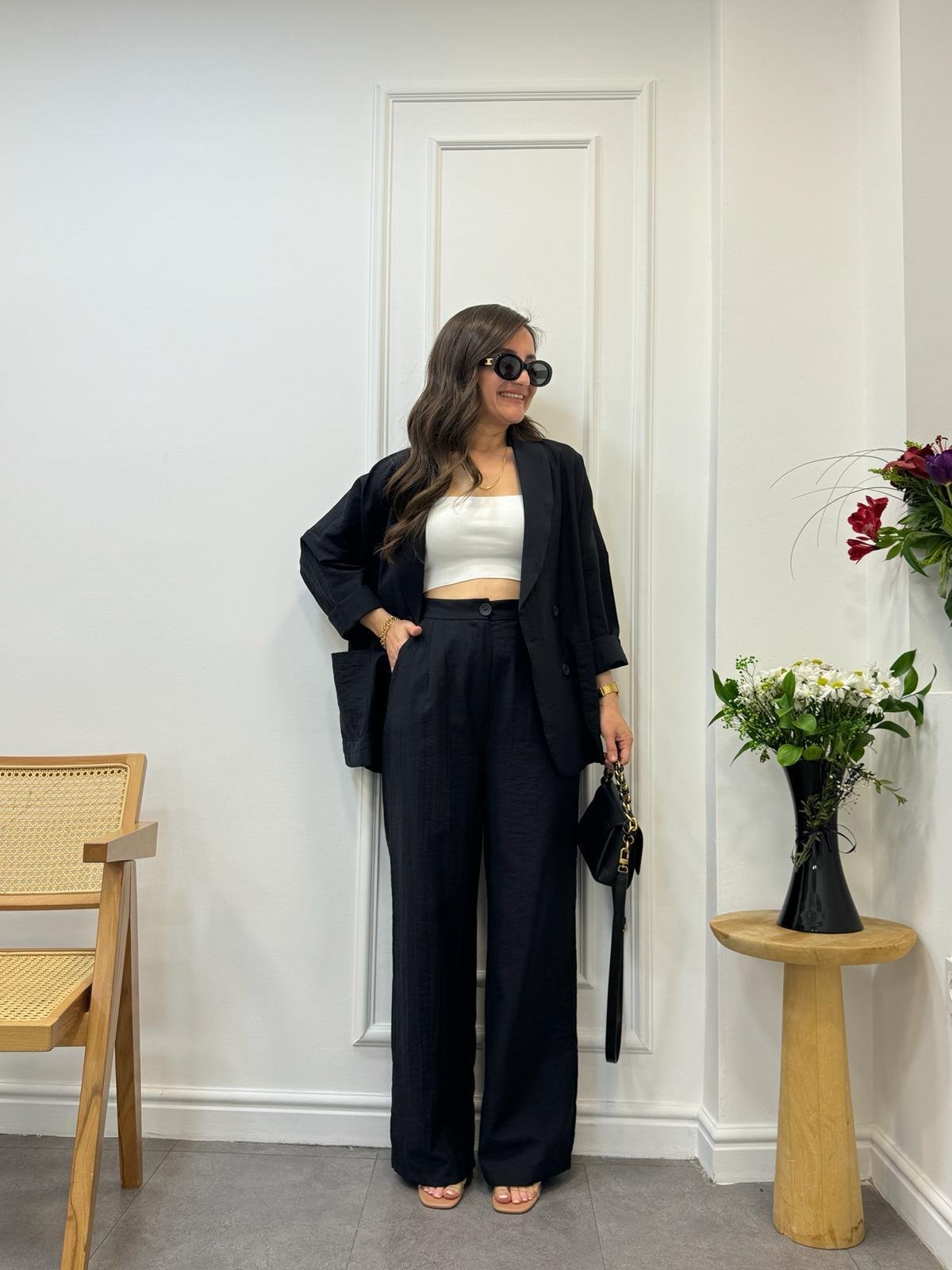 Siyah Dört Düğmeli Blazer Pantolon Keten Takım 9006