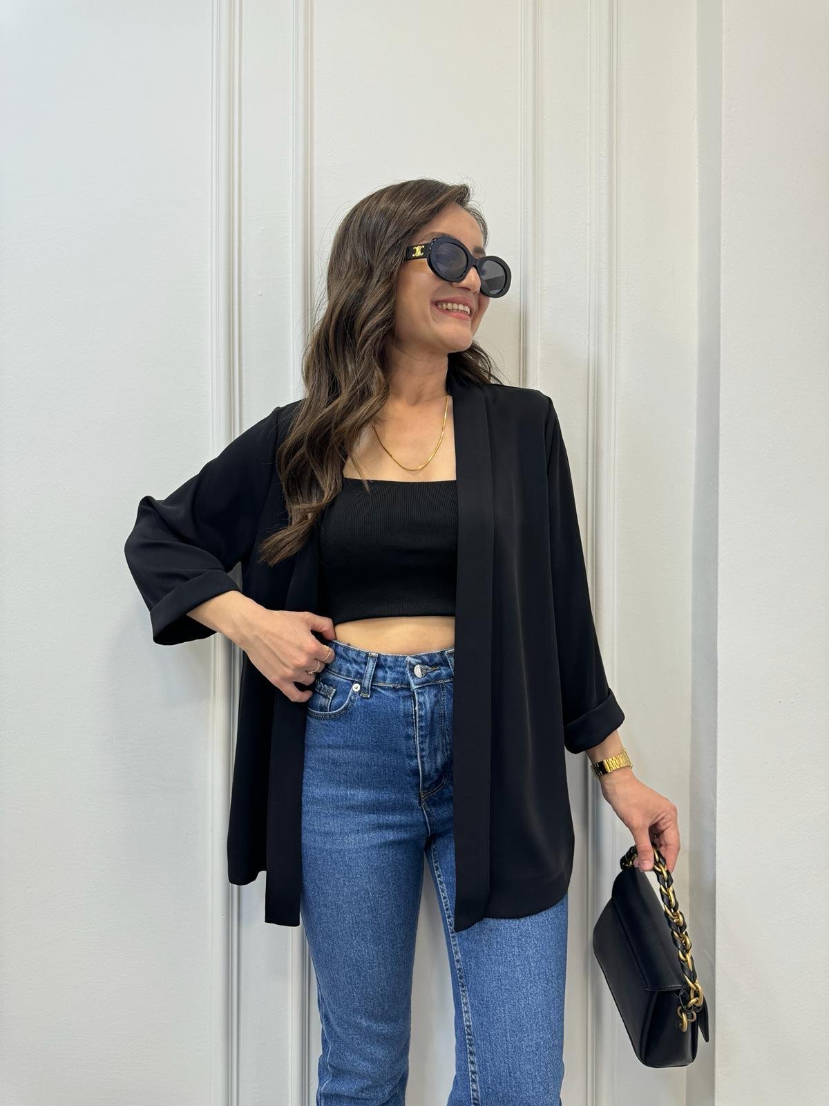 Siyah Double Kol Raşel Kumaş Ceket 4780