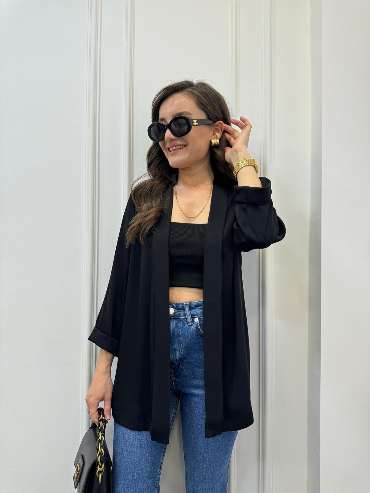 Siyah Double Kol Raşel Kumaş Ceket 4780