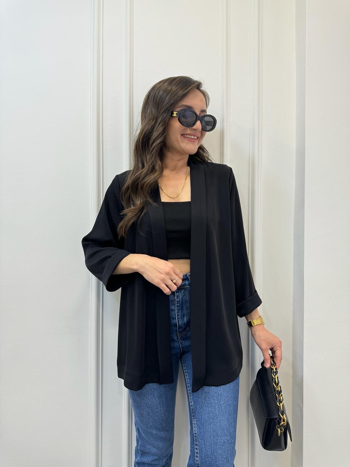 Siyah Double Kol Raşel Kumaş Ceket 4780