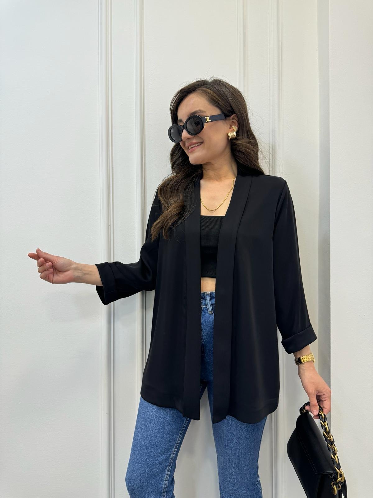Siyah Double Kol Raşel Kumaş Ceket 4780