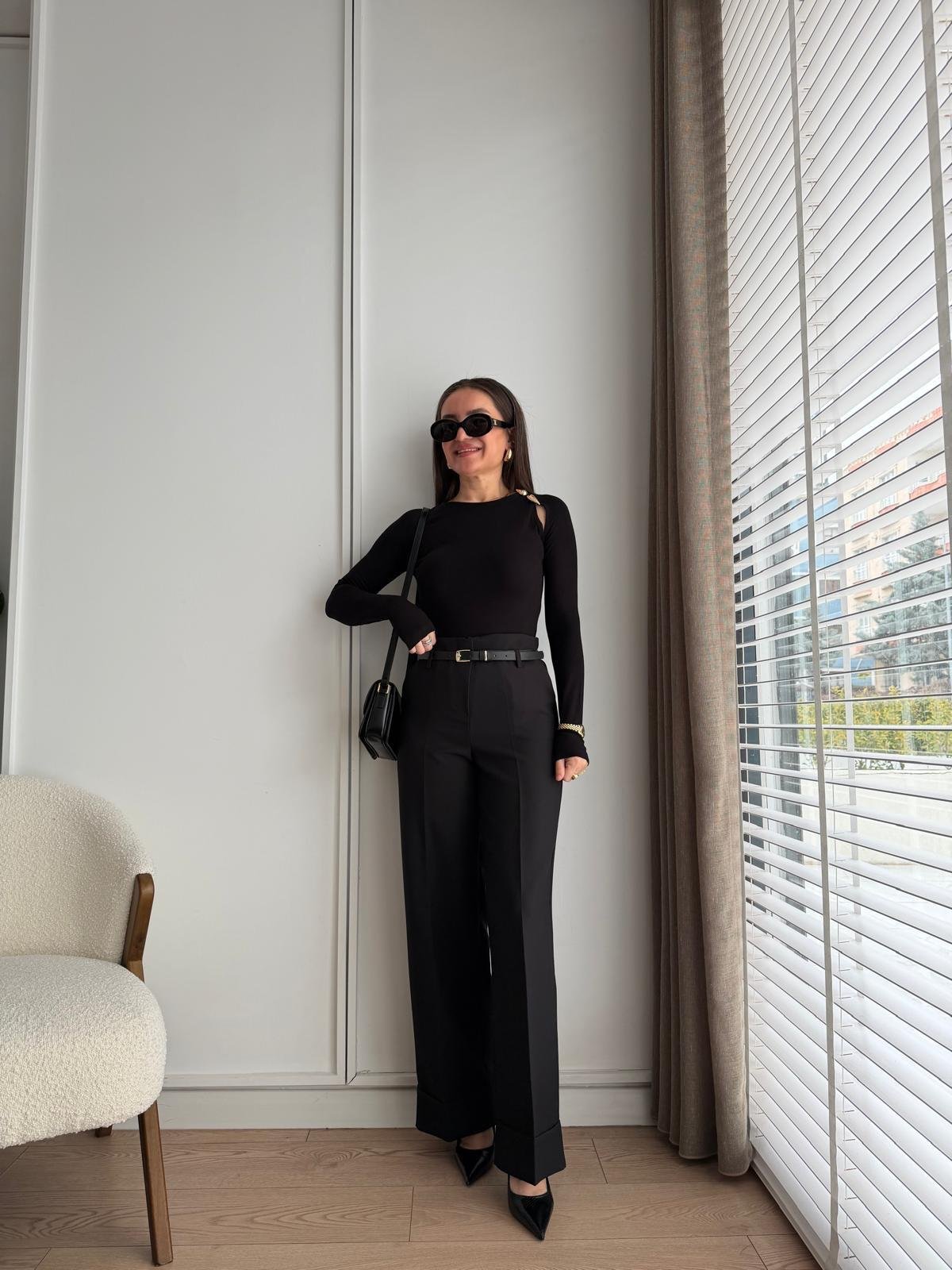 Siyah Double Paça Kemerli Palazzo Pantolon 3841