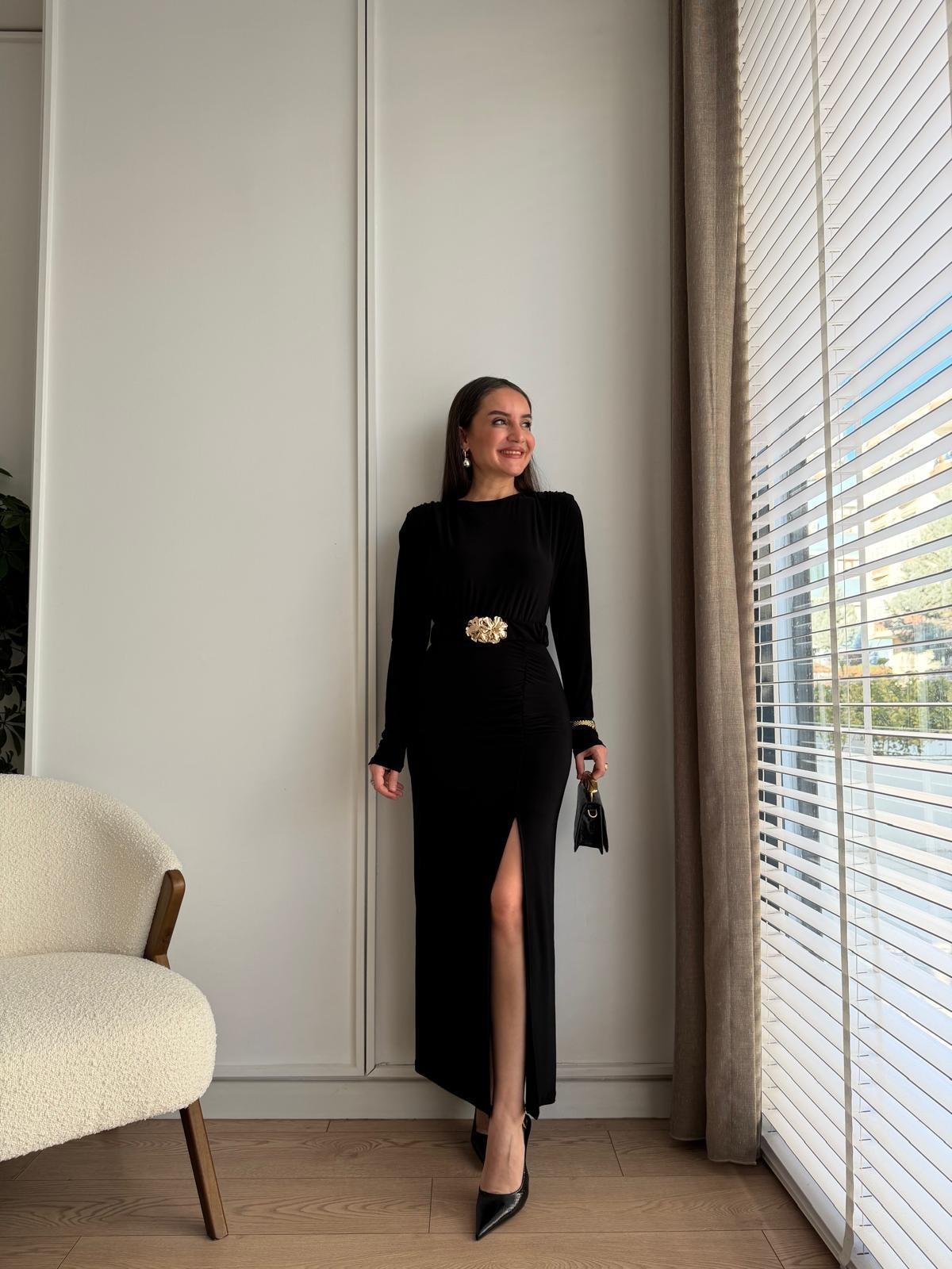 Siyah Drape Detaylı Kemerli Elbise 112114