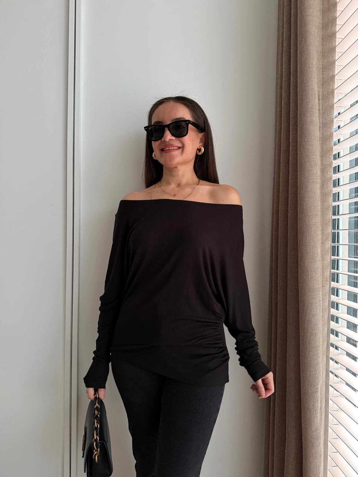 Siyah Drape Detaylı Yarasa Kol Bluz 251077