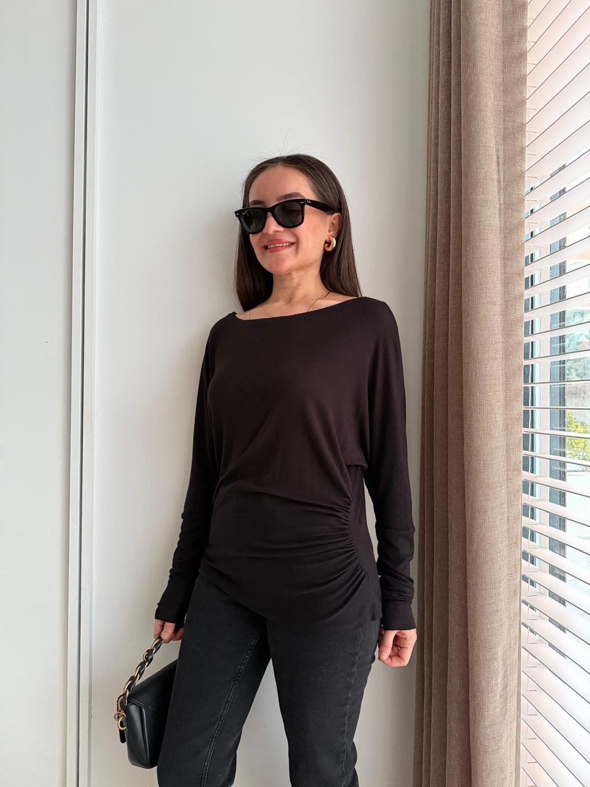 Siyah Drape Detaylı Yarasa Kol Bluz 251077