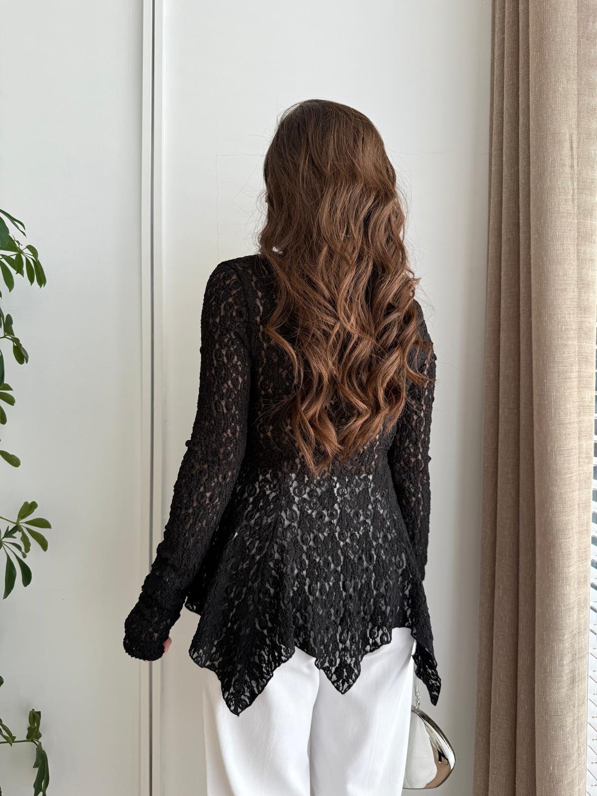 Siyah Düğmeli Peplum Dantel Bluz 60433