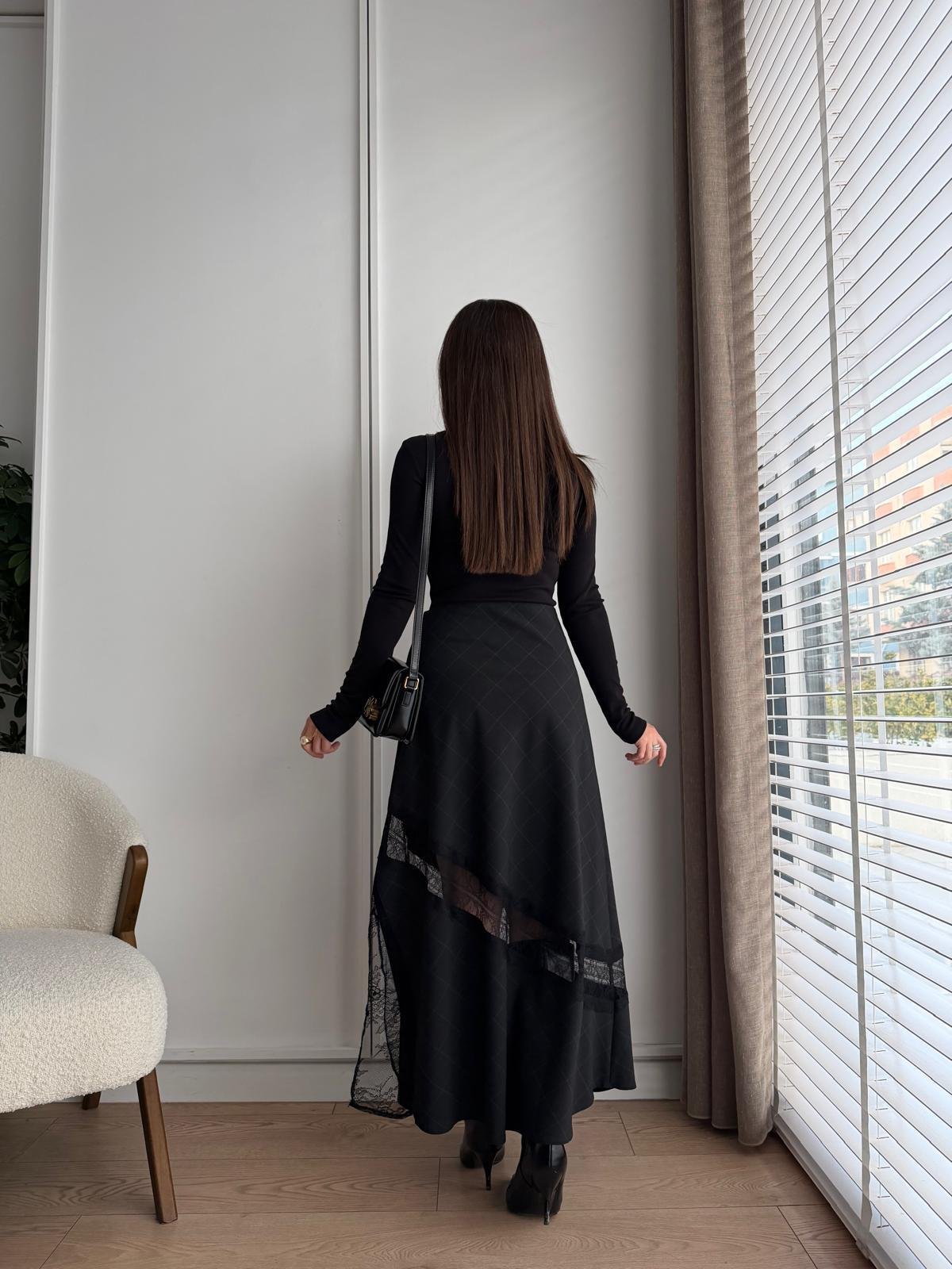 Siyah Ekose Desen Dantel Detaylı Etek 37128