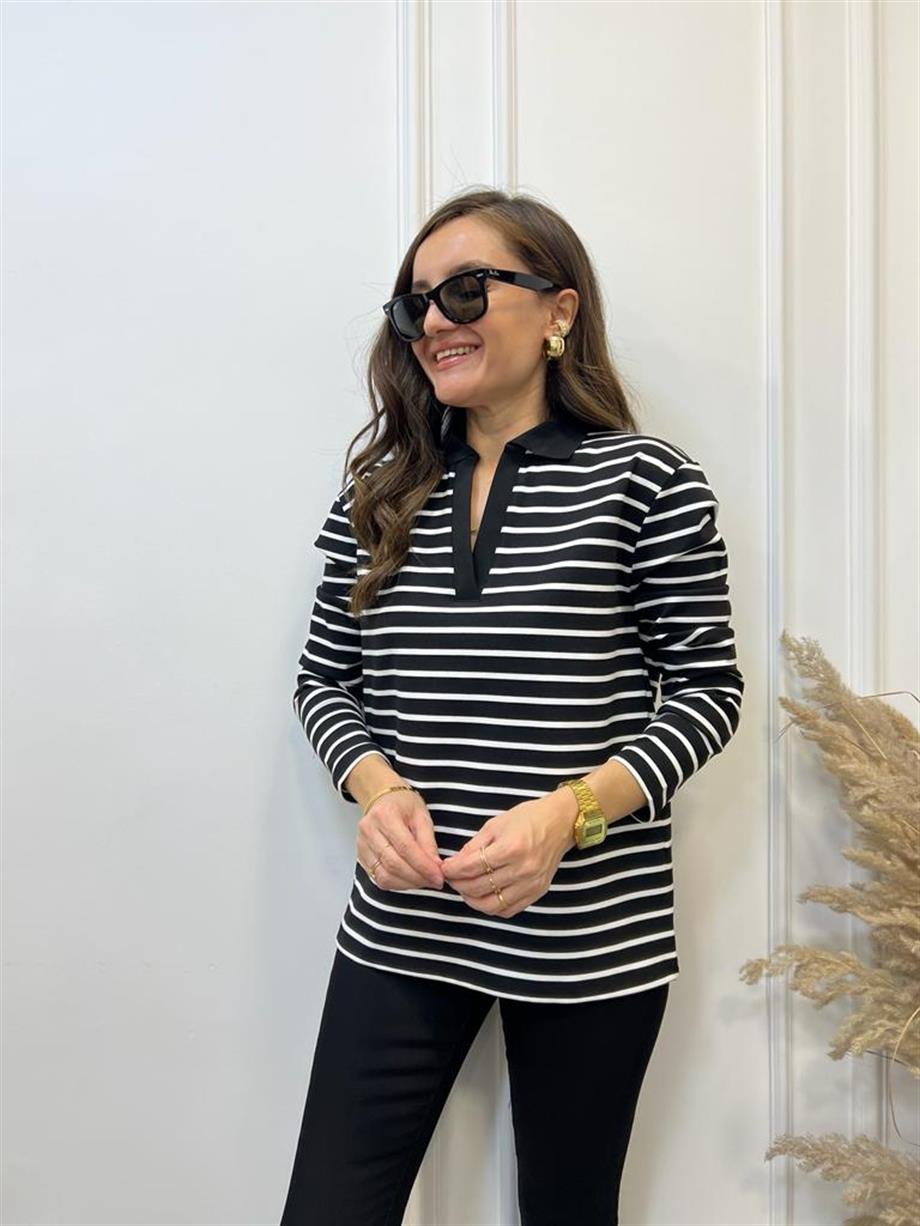 Siyah Ekru Çizgili Polo Yaka Sweatshirt 3010