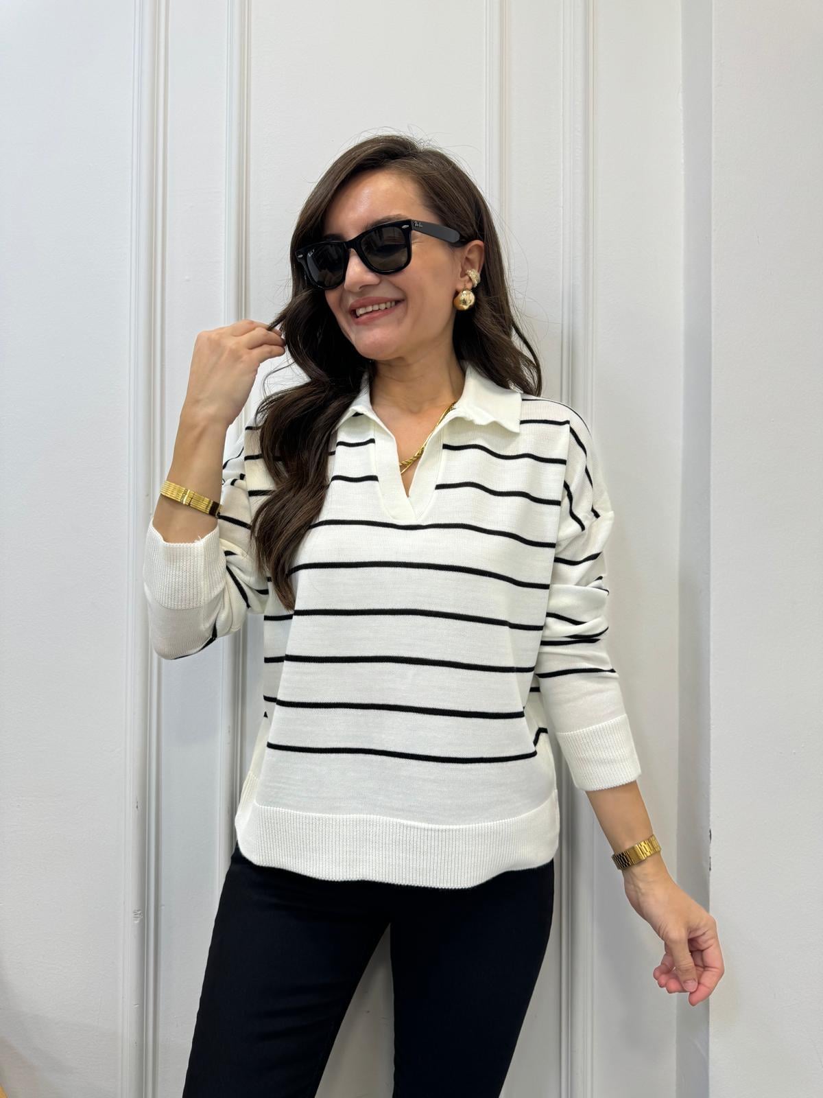 Siyah Ekru Çizgili Polo Yaka Triko Bluz 3276