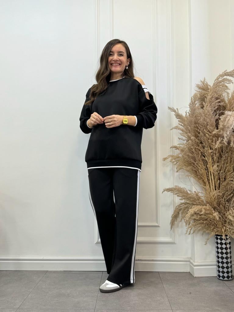 Siyah Ekru Şeritli Omuz Detaylı Sweatshirt Eşofman Takım 272047