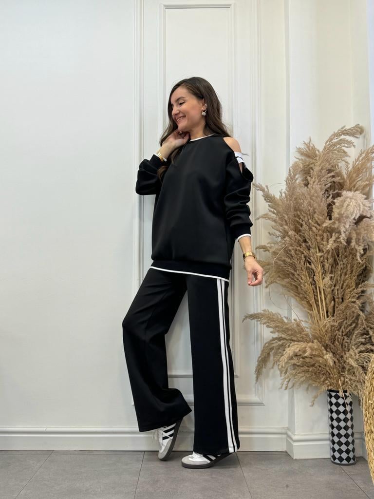 Siyah Ekru Şeritli Omuz Detaylı Sweatshirt Eşofman Takım 272047