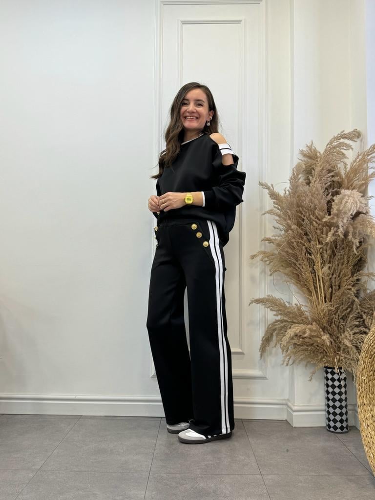 Siyah Ekru Şeritli Omuz Detaylı Sweatshirt Eşofman Takım 272047