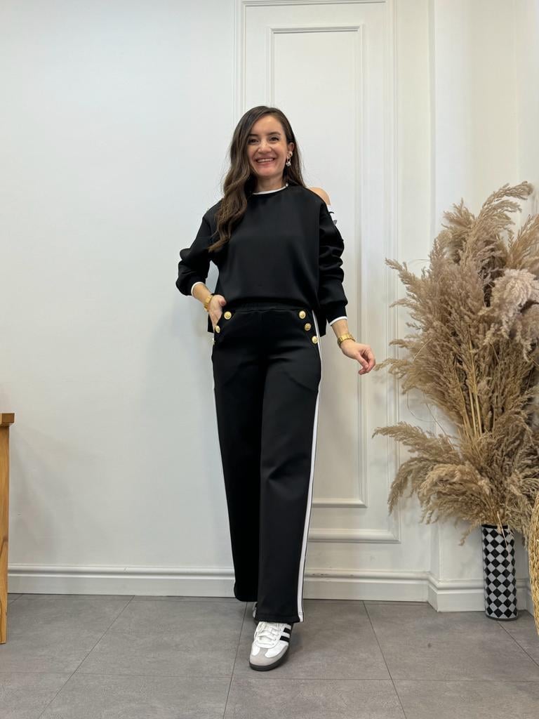 Siyah Ekru Şeritli Omuz Detaylı Sweatshirt Eşofman Takım 272047