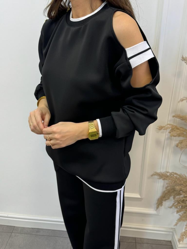 Siyah Ekru Şeritli Omuz Detaylı Sweatshirt Eşofman Takım 272047