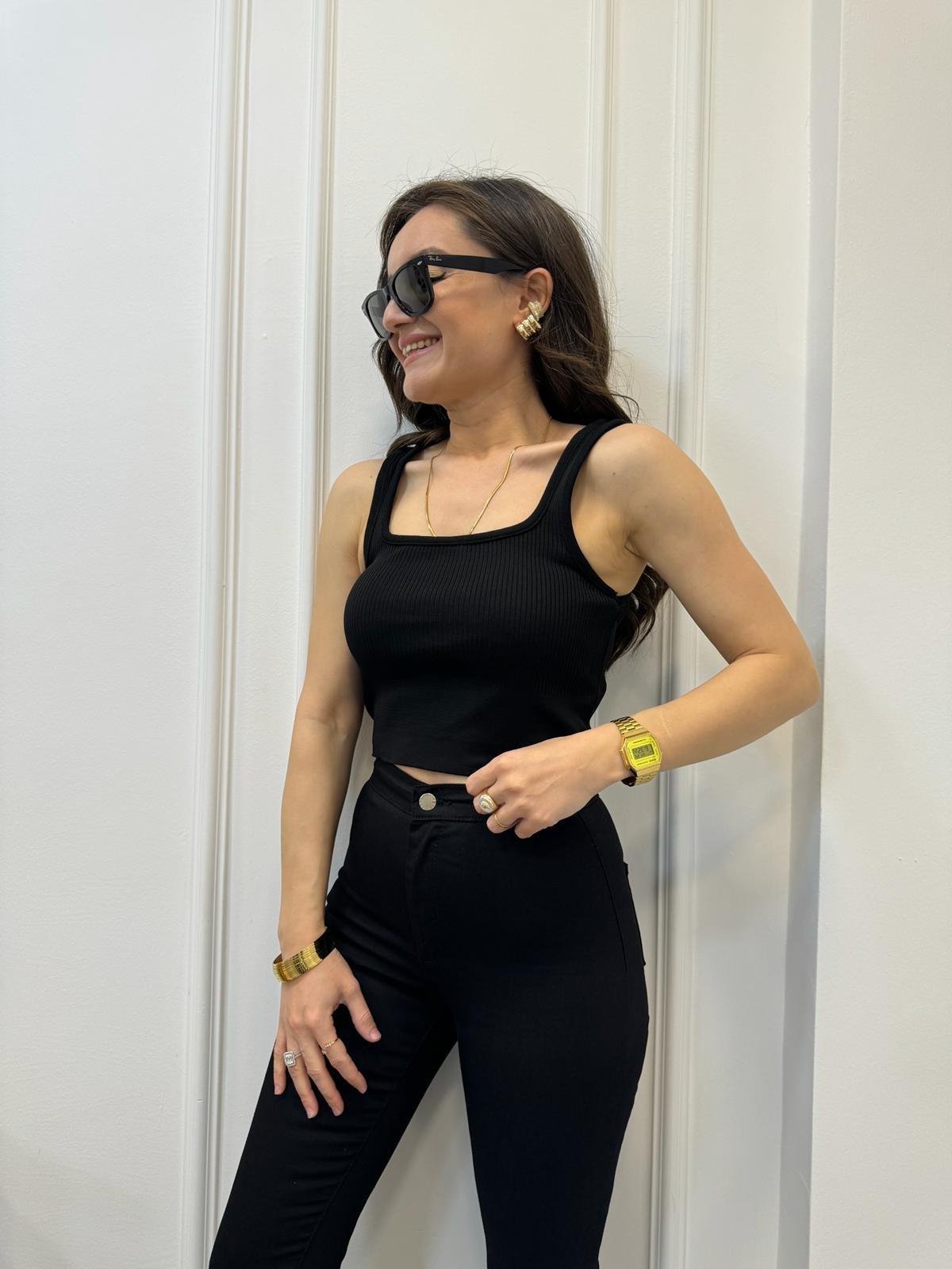 Siyah Elit Triko Kare Yaka Fitilli Crop 3678