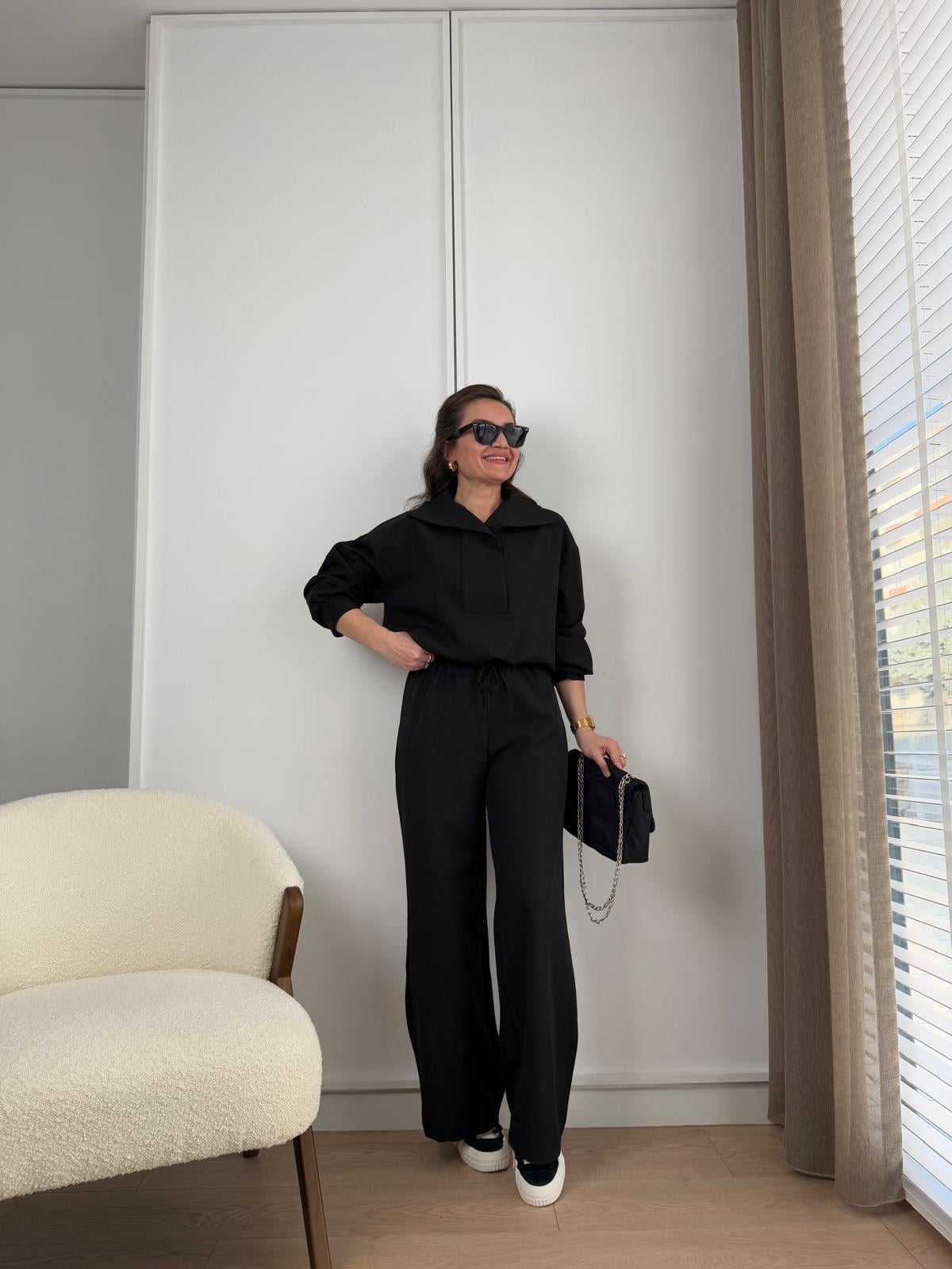 Siyah Garnili Kumaş Alt Büzgülü Geniş Paça Pantolon Takım 35806