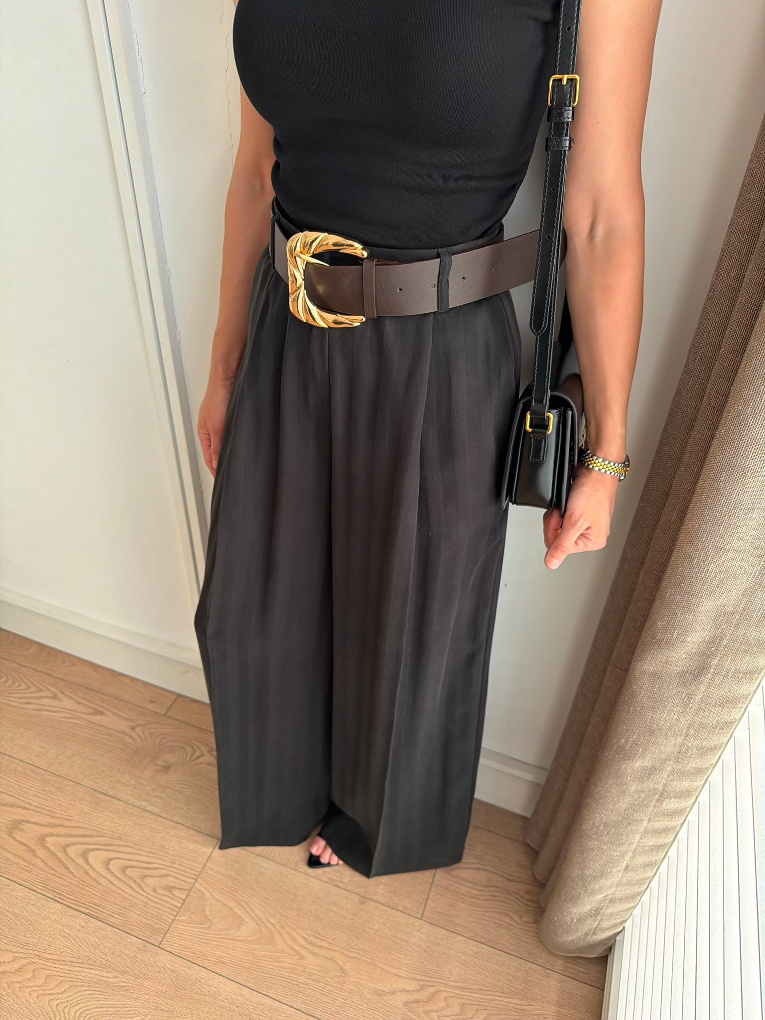 Siyah Geniş Kemerli Çizgili Pantolon 58490