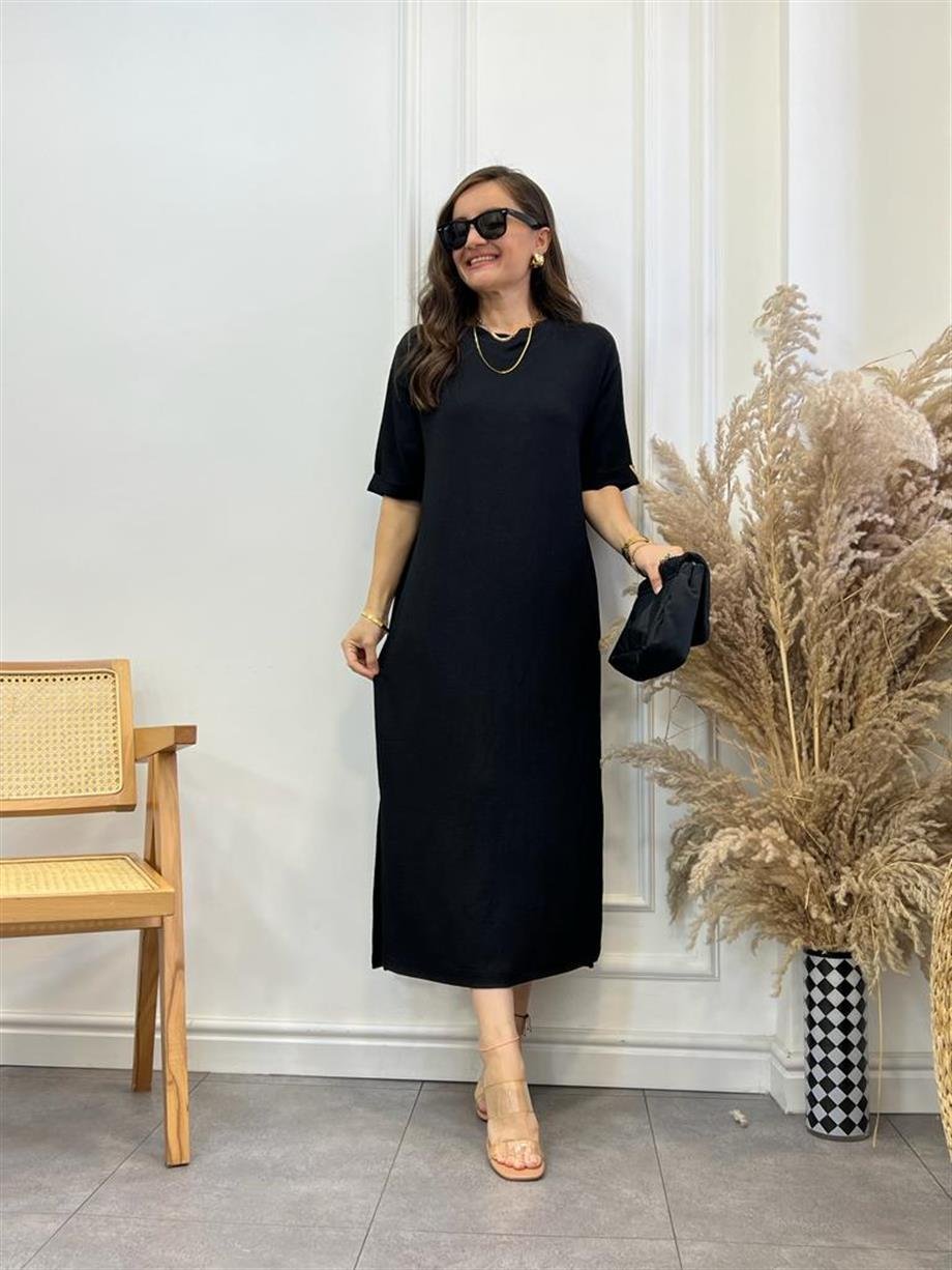 Siyah Gofre Kumaş Yırtmaçlı Basic Elbise 0411