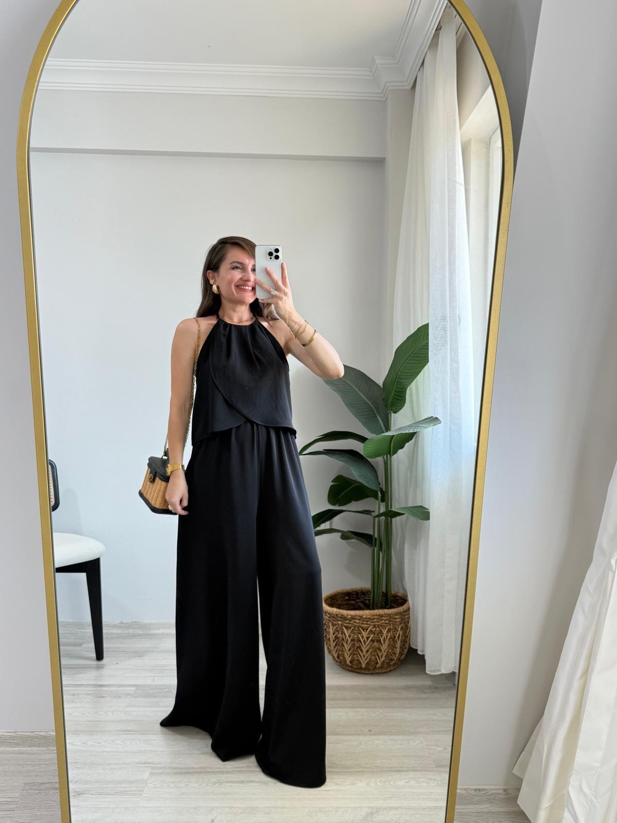 Siyah Göğüs Drape Detaylı Bluz Pantolon Takım 5215