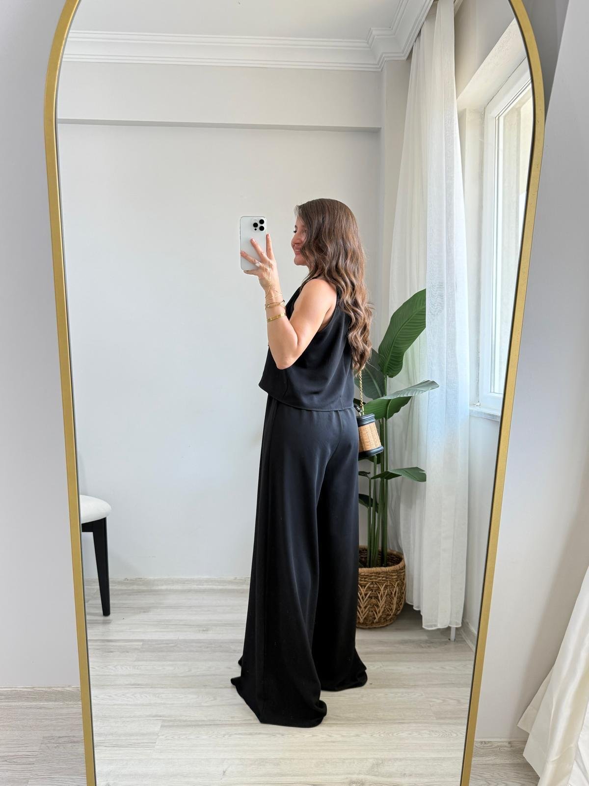 Siyah Göğüs Drape Detaylı Bluz Pantolon Takım 5215