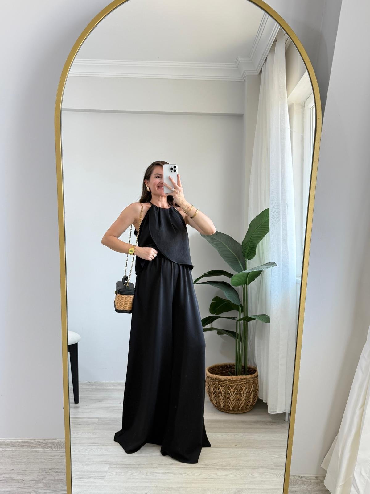 Siyah Göğüs Drape Detaylı Bluz Pantolon Takım 5215