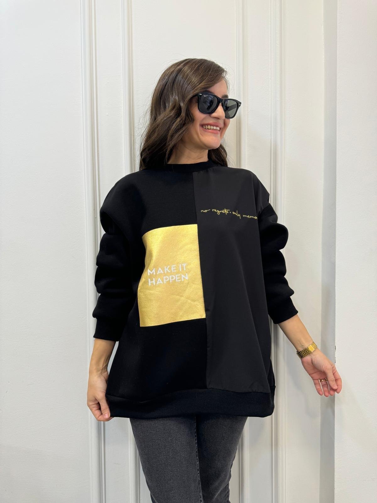 Siyah Gold Baskılı Cepli Sweatshırt 1710317