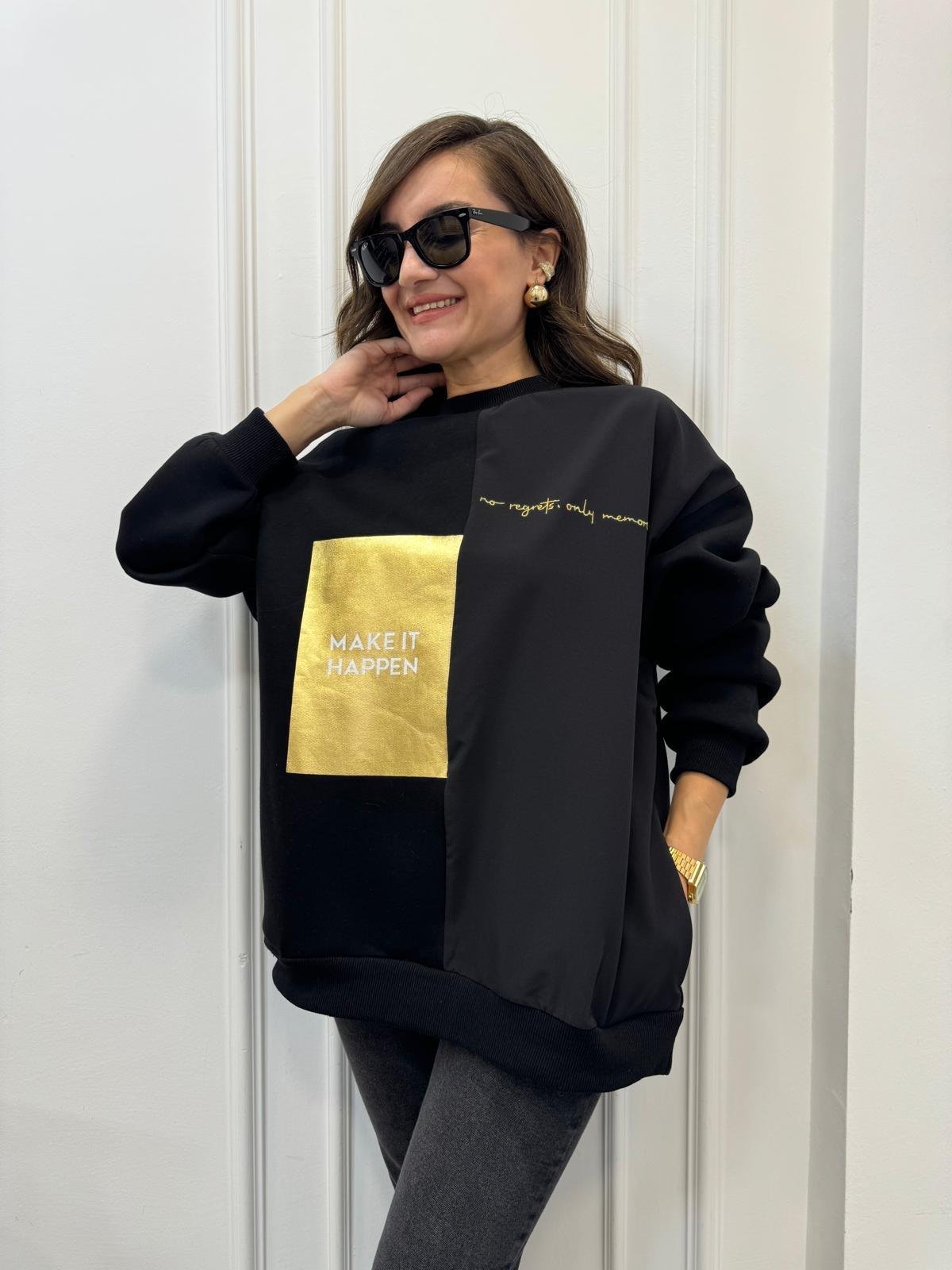 Siyah Gold Baskılı Cepli Sweatshırt 1710317