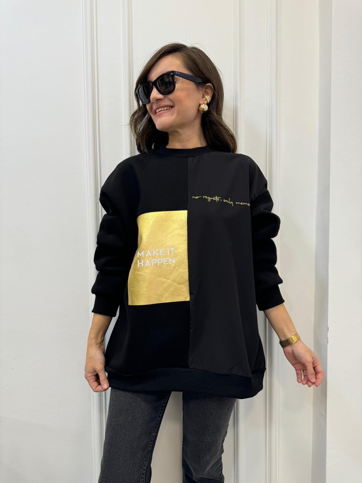 Siyah Gold Baskılı Cepli Sweatshırt 1710317