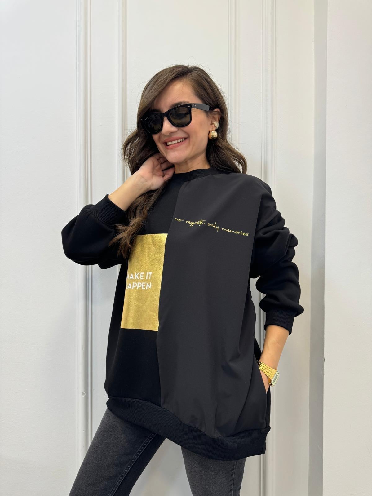 Siyah Gold Baskılı Cepli Sweatshırt 1710317