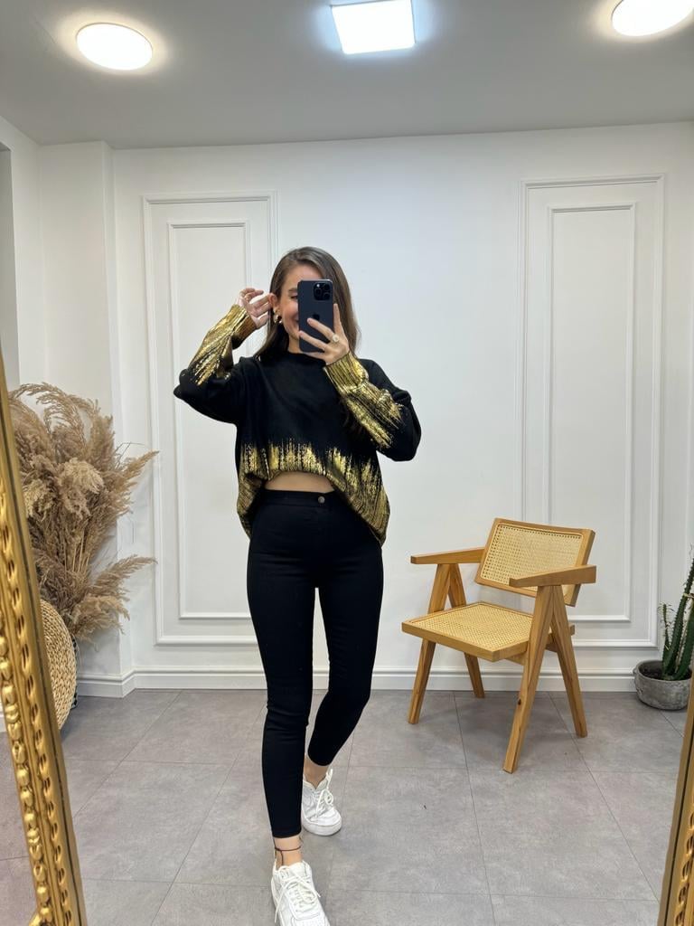 Siyah Gold Baskılı Triko Kazak 4079