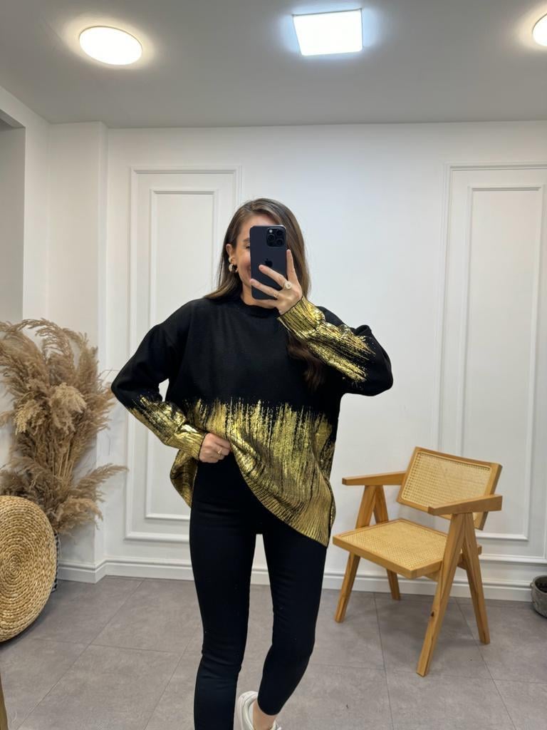 Siyah Gold Baskılı Triko Kazak 4079