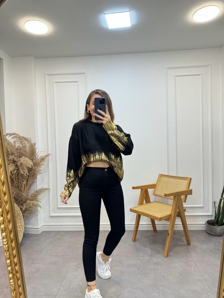 Siyah Gold Baskılı Triko Kazak 4079