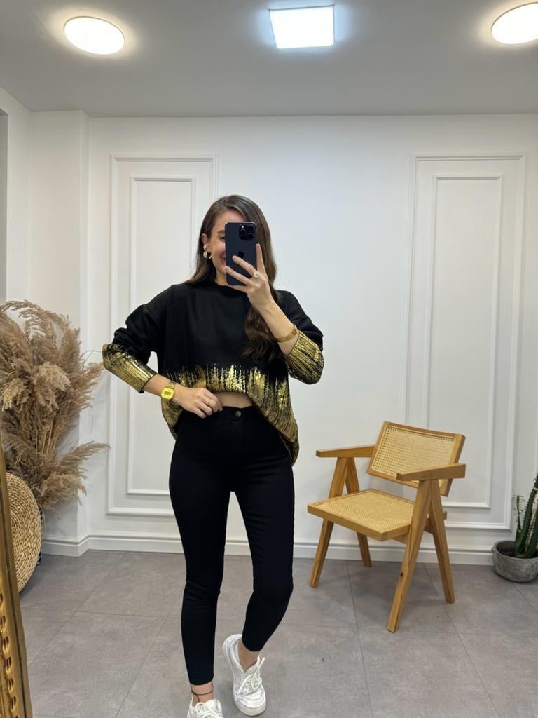 Siyah Gold Baskılı Triko Kazak 4079
