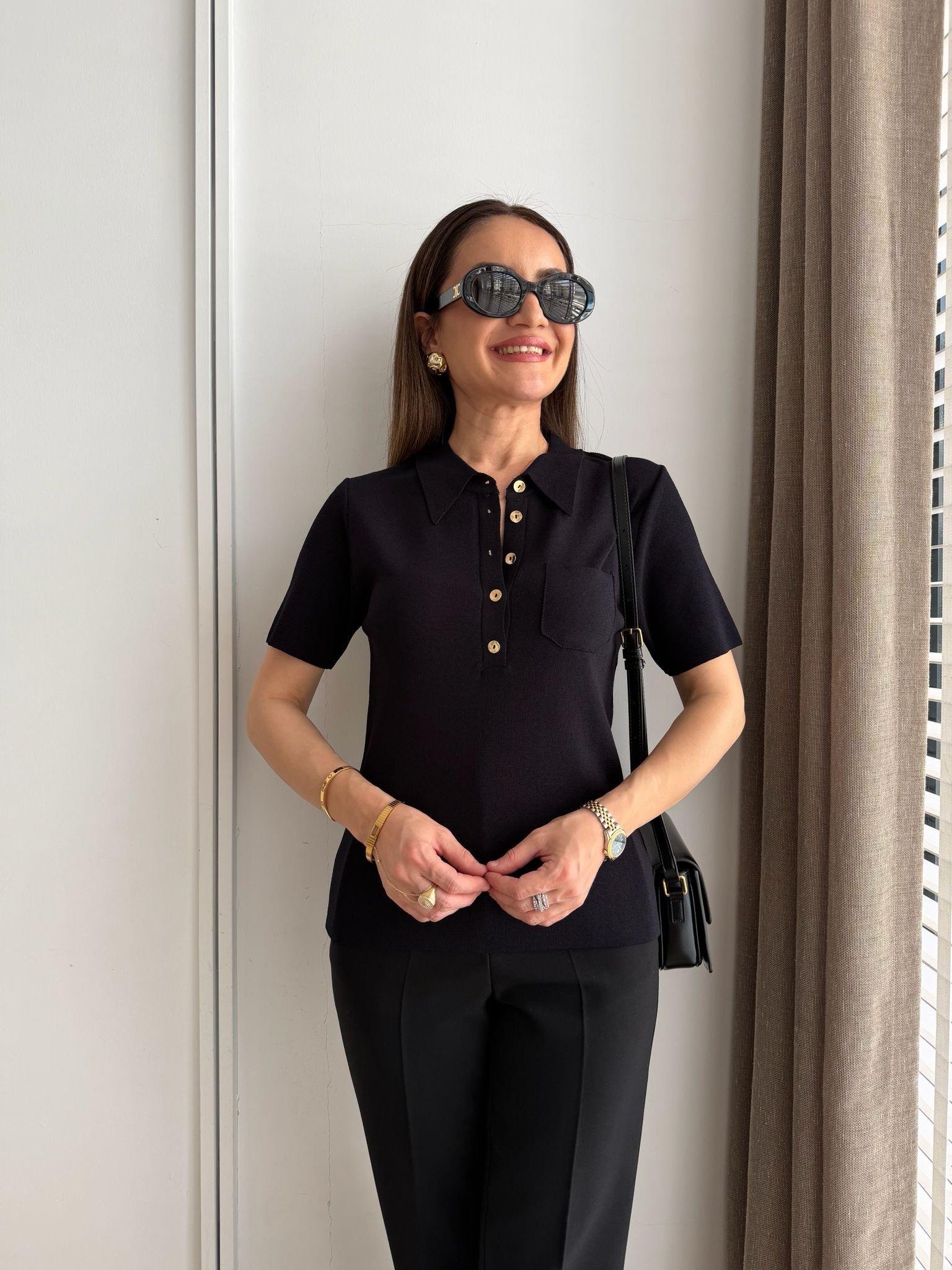 Siyah Gold Düğmeli Polo Yaka Triko Bluz 140616