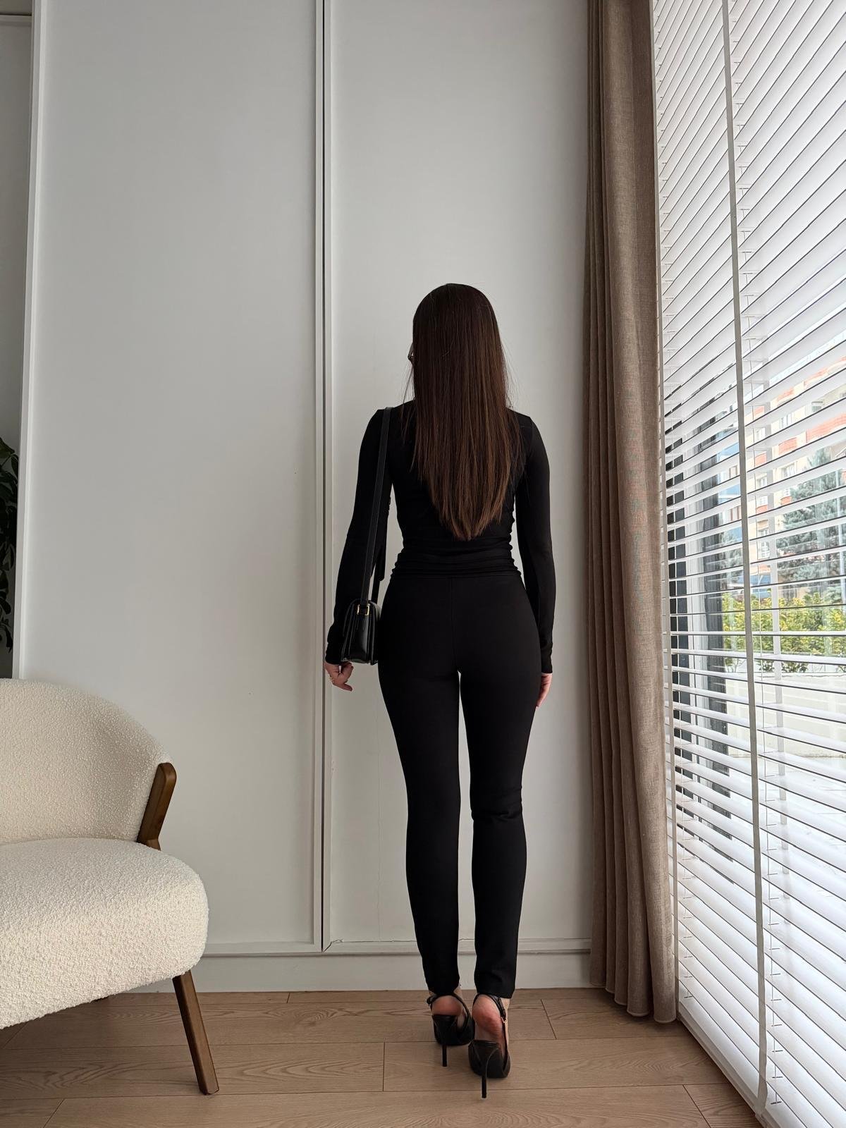 Siyah Gold Düğmeli Tayt Pantolon 6945
