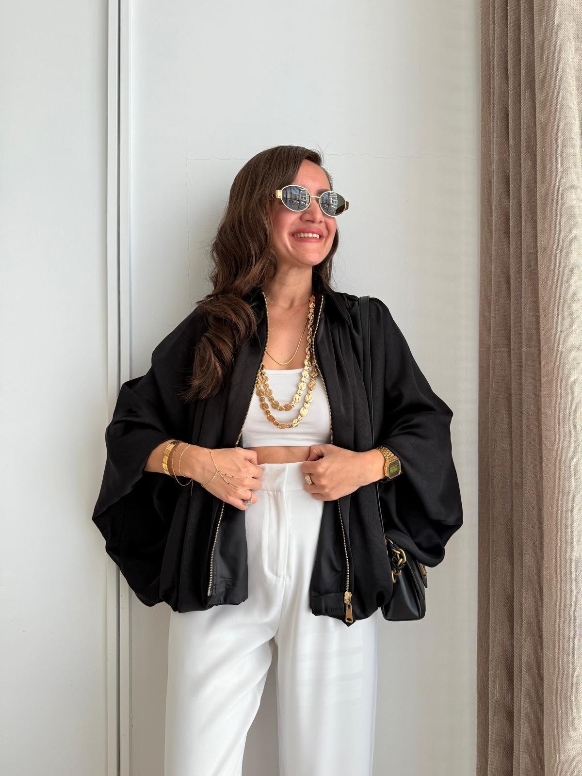 Siyah Gold Fermuarlı Saten Bomber Ceket 9584
