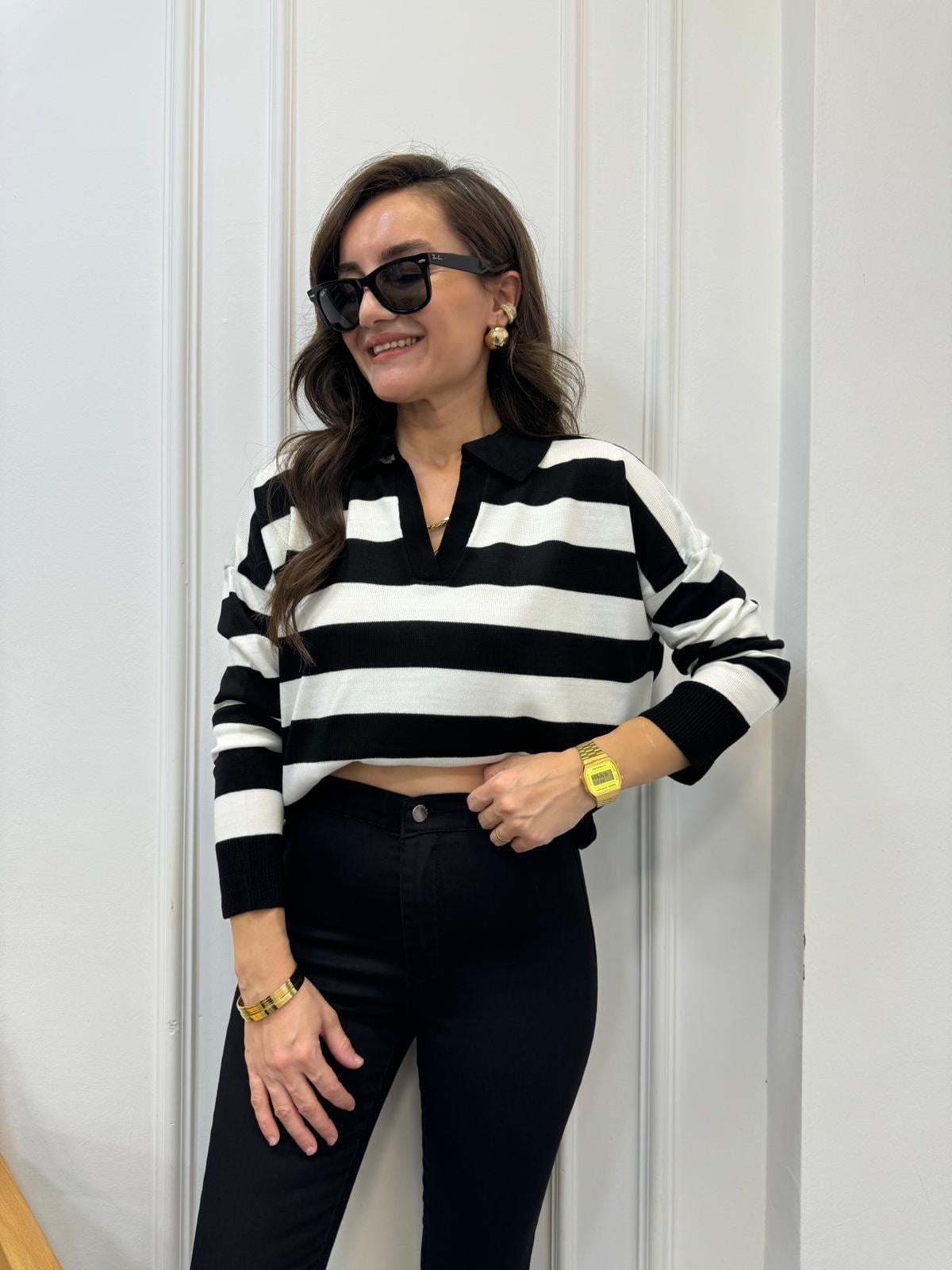 Siyah İri Çizgili Polo Yaka Triko 3309