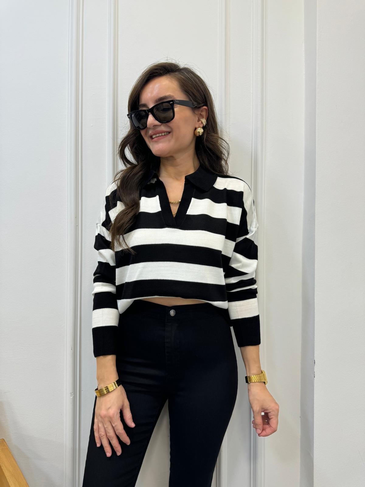 Siyah İri Çizgili Polo Yaka Triko 3309