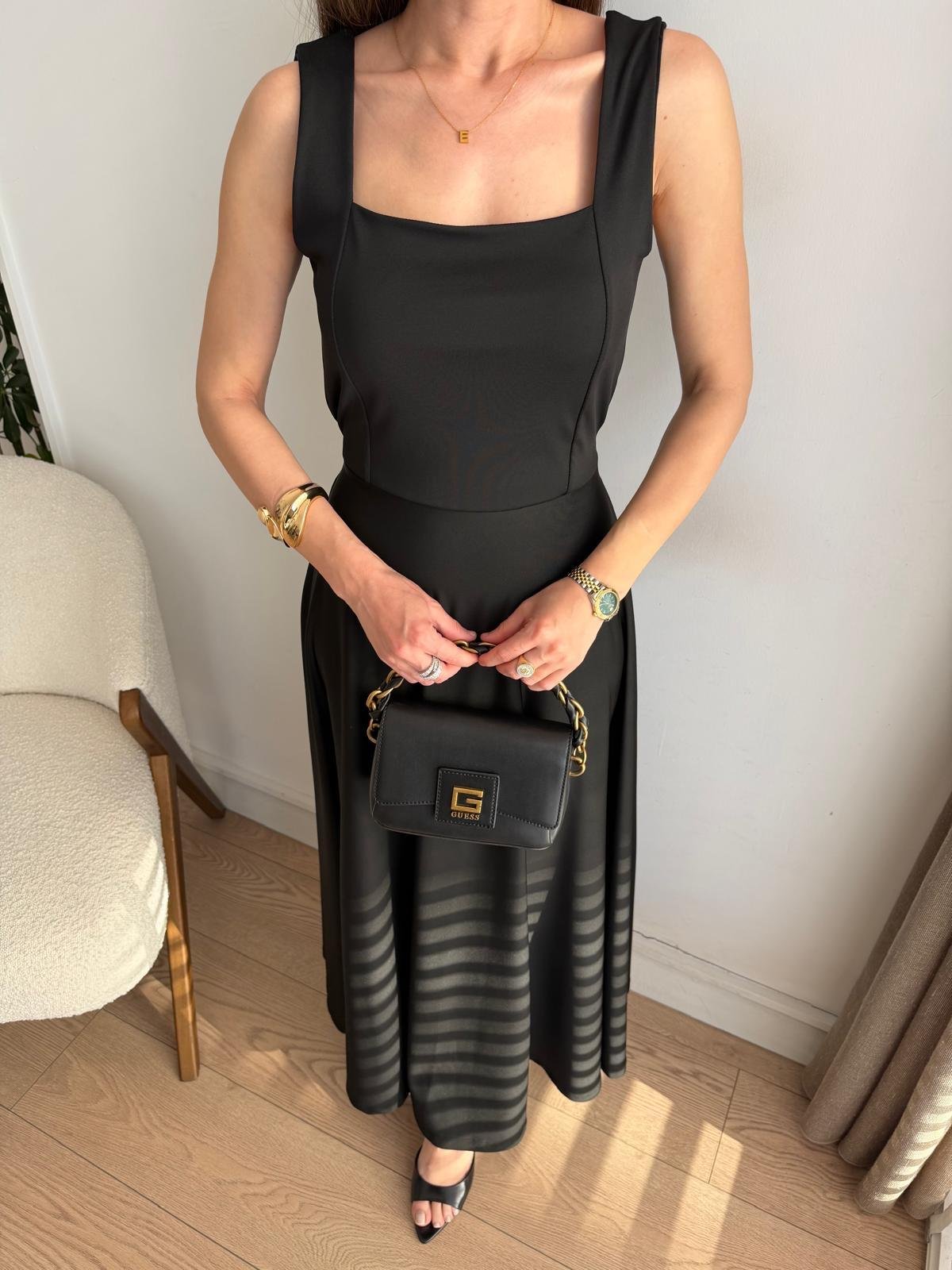 Siyah Kalın Askılı Belden Bağlamalı Elbise 221063