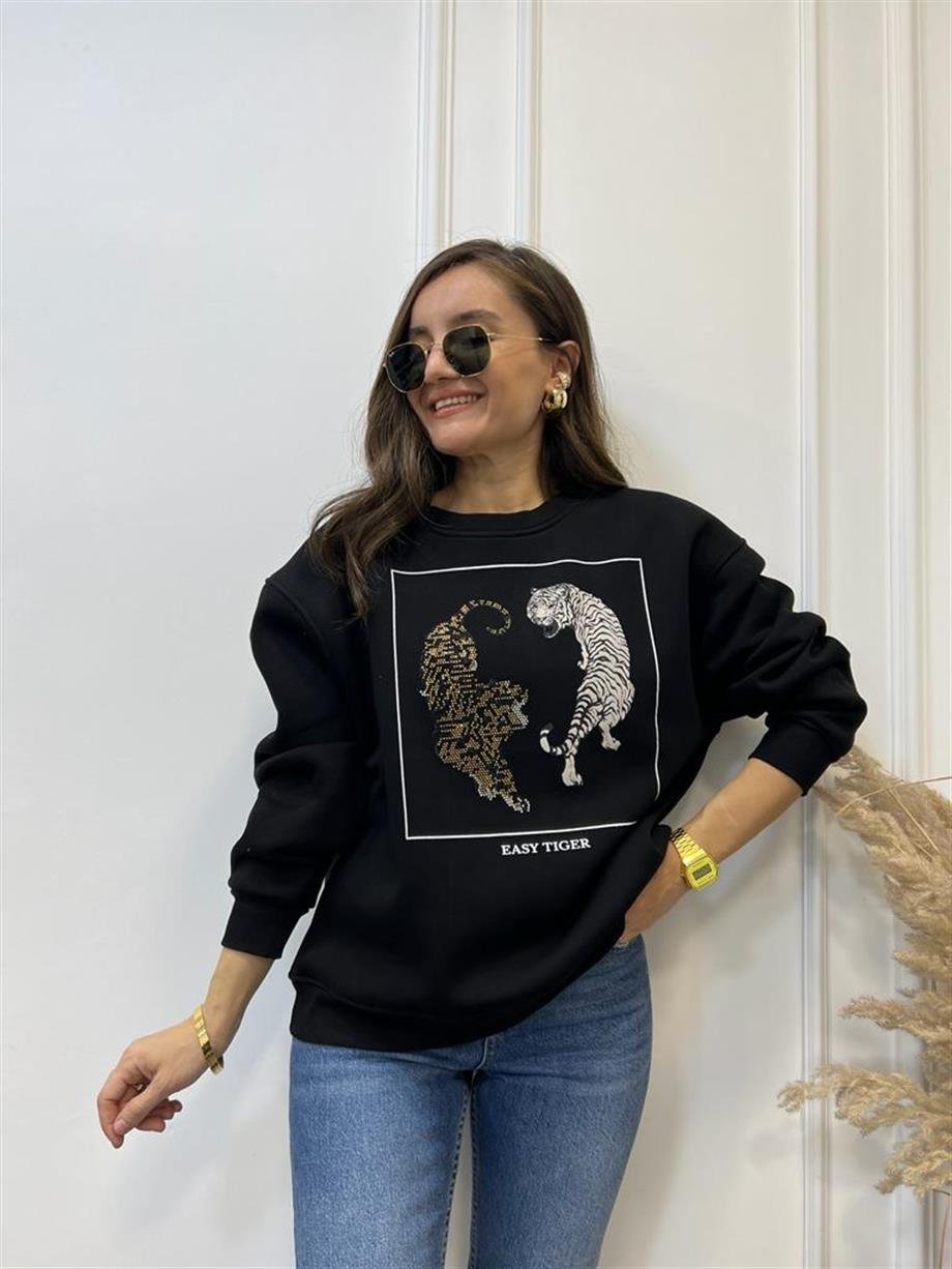 Siyah Kaplan Baskılı Bisiklet Yaka Sweatshirt 5110