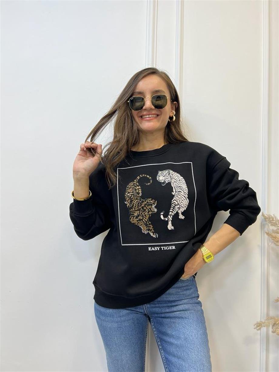 Siyah Kaplan Baskılı Bisiklet Yaka Sweatshirt 5110