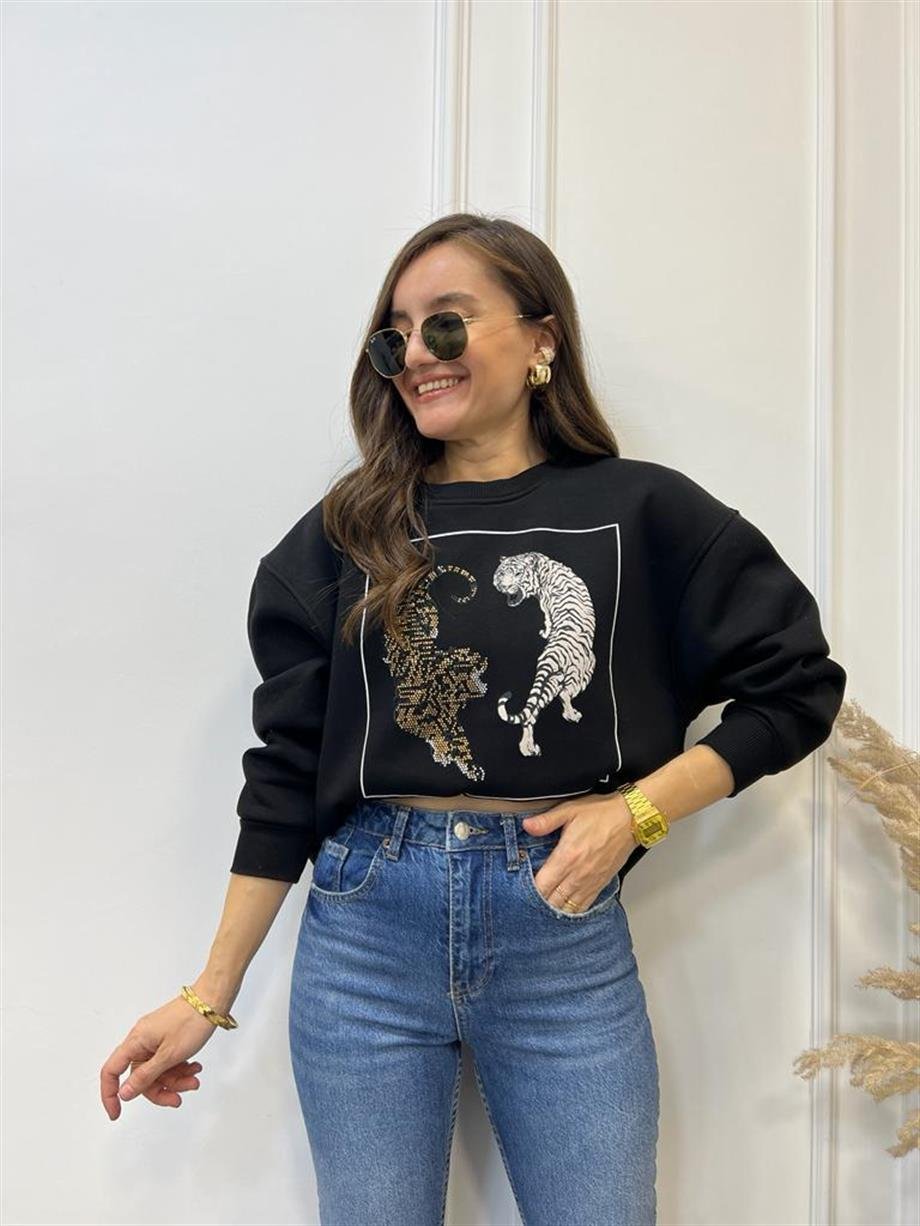 Siyah Kaplan Baskılı Bisiklet Yaka Sweatshirt 5110
