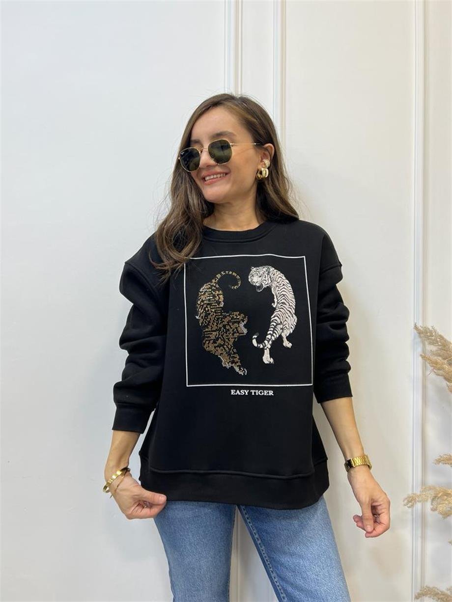 Siyah Kaplan Baskılı Bisiklet Yaka Sweatshirt 5110